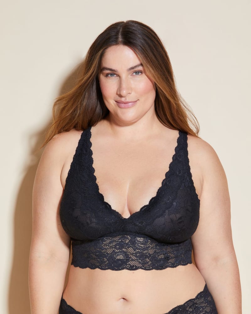 Front of a model wearing a size 1X Plungie Longline Lace Bralette in Black by Cosabella. | dia_product_style_image_id:274446